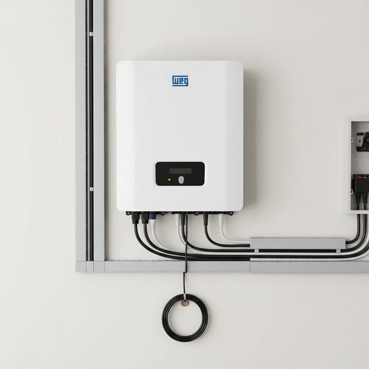 Inversor de energia solar instalado com fiação organizada em residência de alto padrão